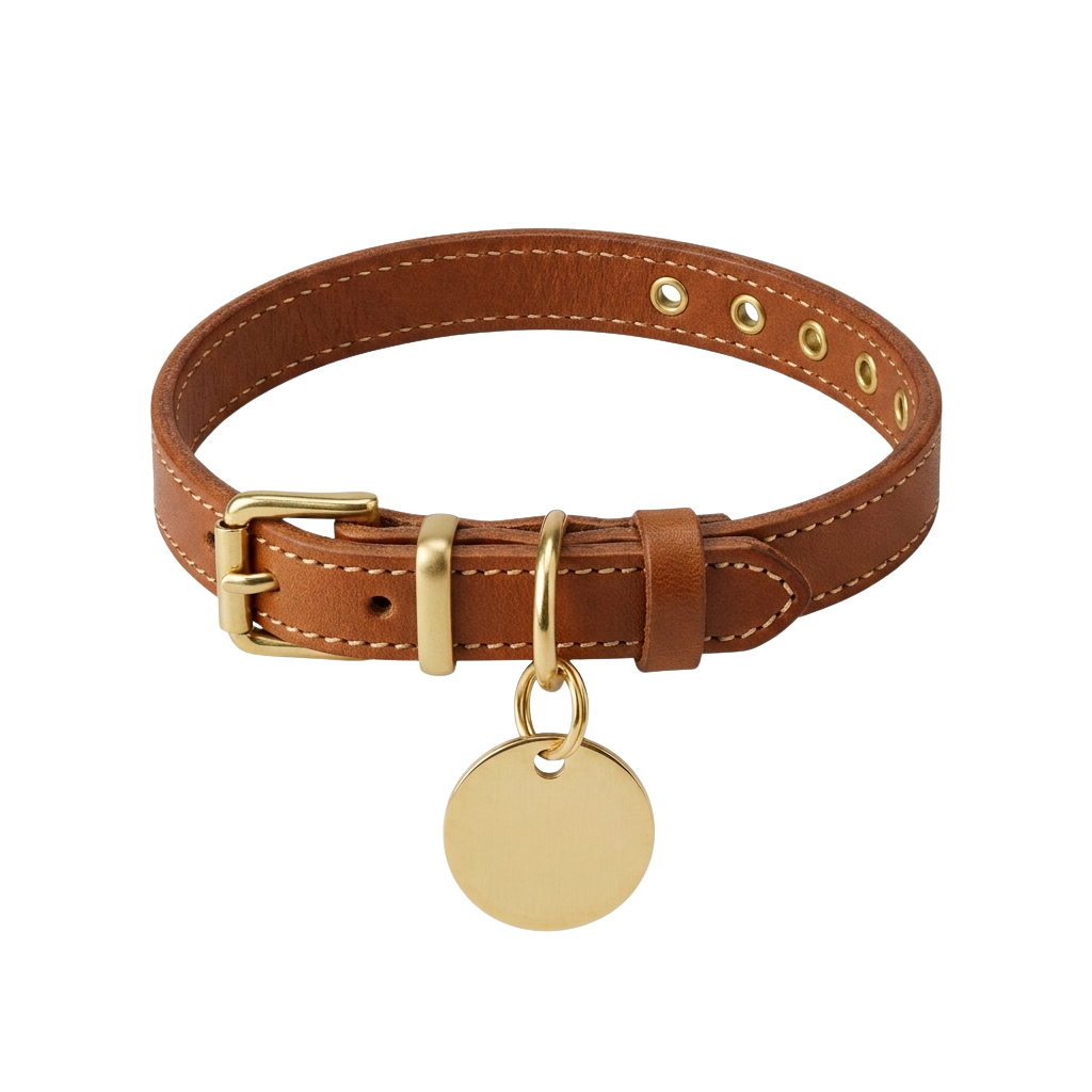 A brown leather dog collar featuring a gold-toned metal buckle and oval tag attached to a ring.