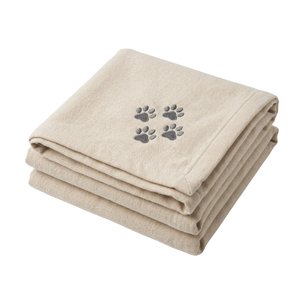 A folded beige towel featuring embroidered paw prints in the center