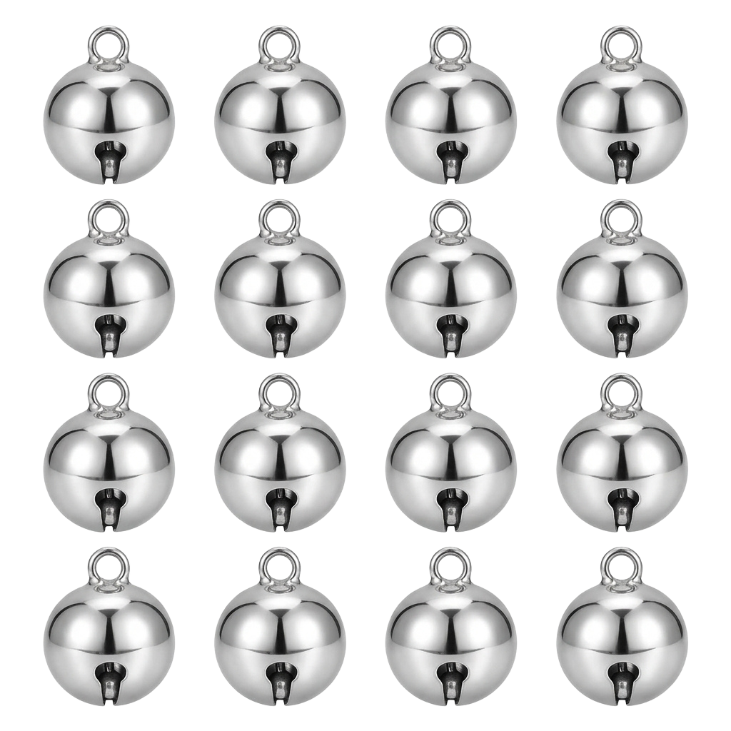 Four rows of twelve shiny silver bauble ornaments each with a loop hanger on black background