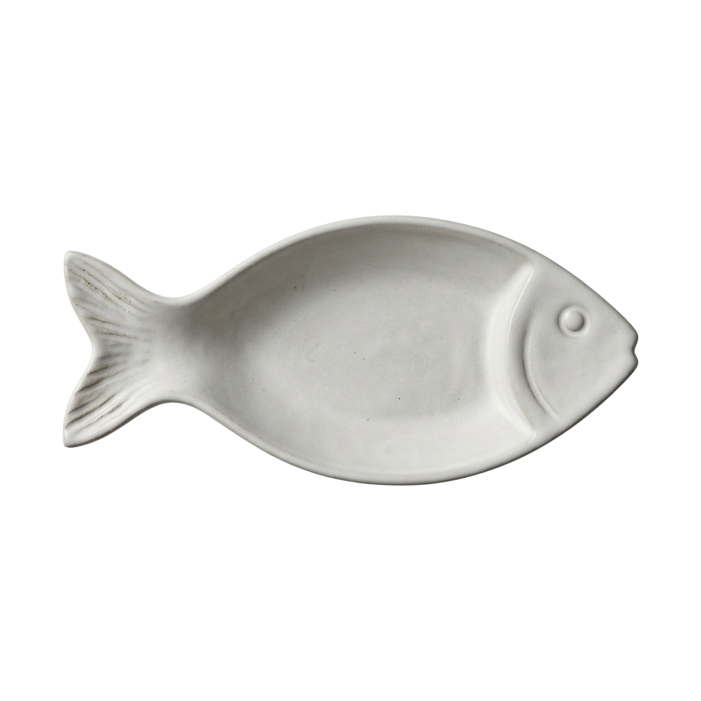 White ceramic fish-shaped serving dish with smooth surface and simple eye detail