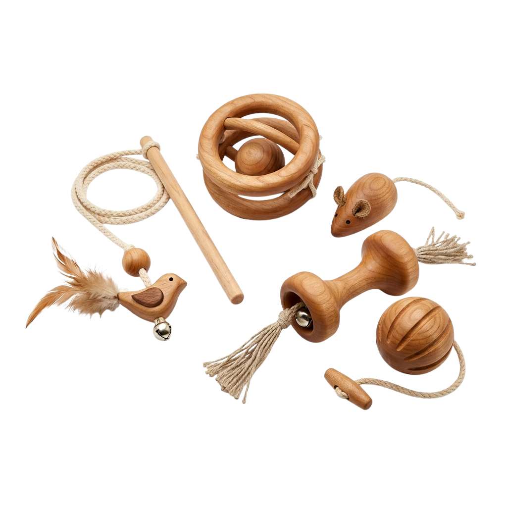 Assorted wooden toys including a bird, mouse, ball, and rope-wrapped items on a black background
