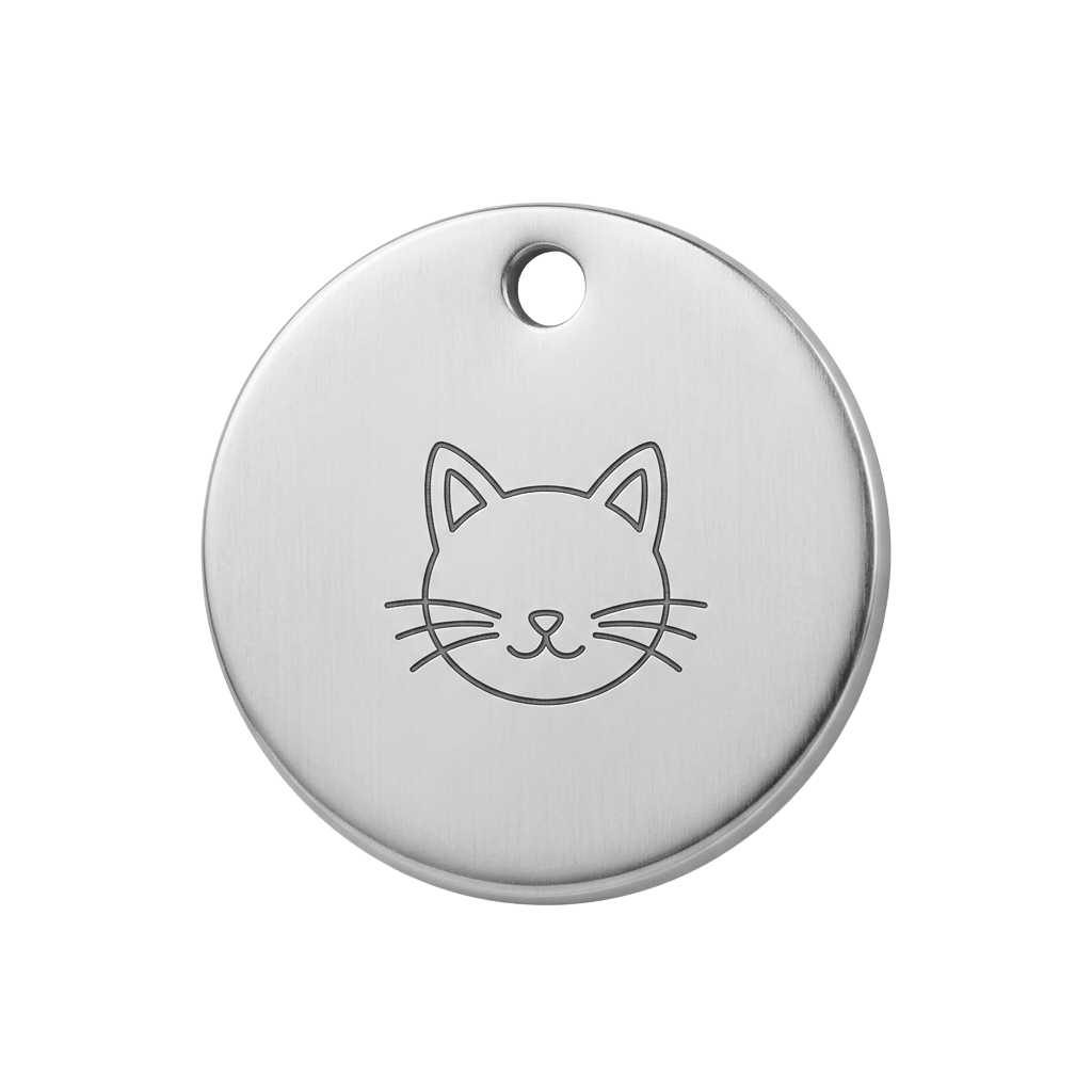 Minimalist keychain tag featuring a simple line drawing of a cat face