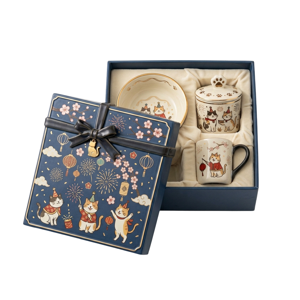 Open gift box containing ceramic cat-themed mug, bowl, and jar with festive illustrations of cats, flowers, and lanterns