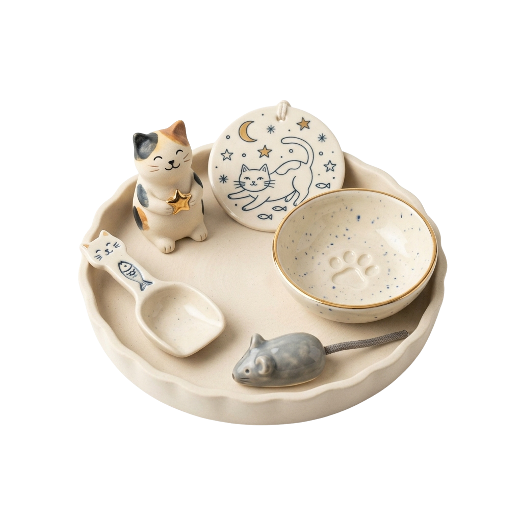 Ceramic pet feeding set featuring cat and fish figurines, a decorative plate, bowls, spoon, and mouse toy on a tray