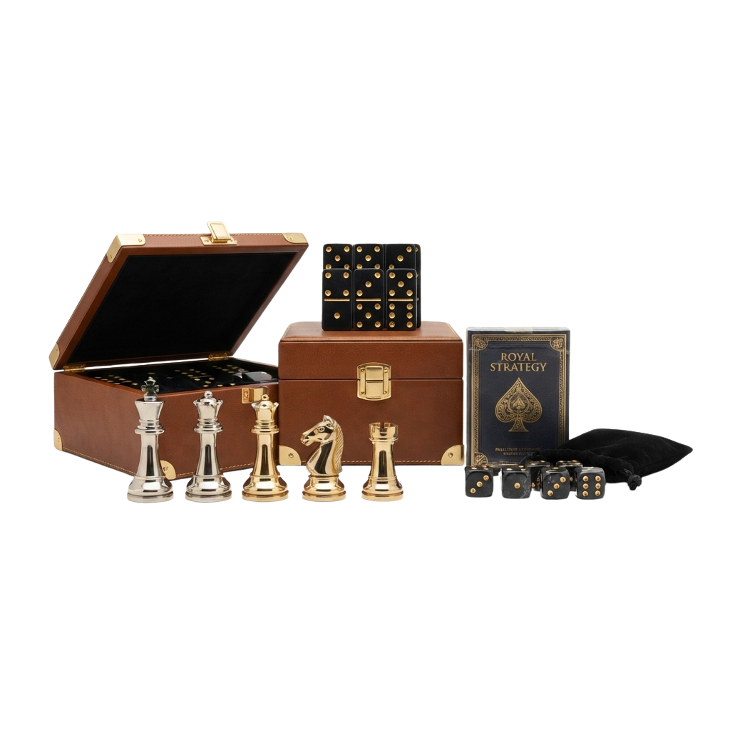 Elegant chess set with gold-toned pieces in a wooden box, dice, and a strategy guide