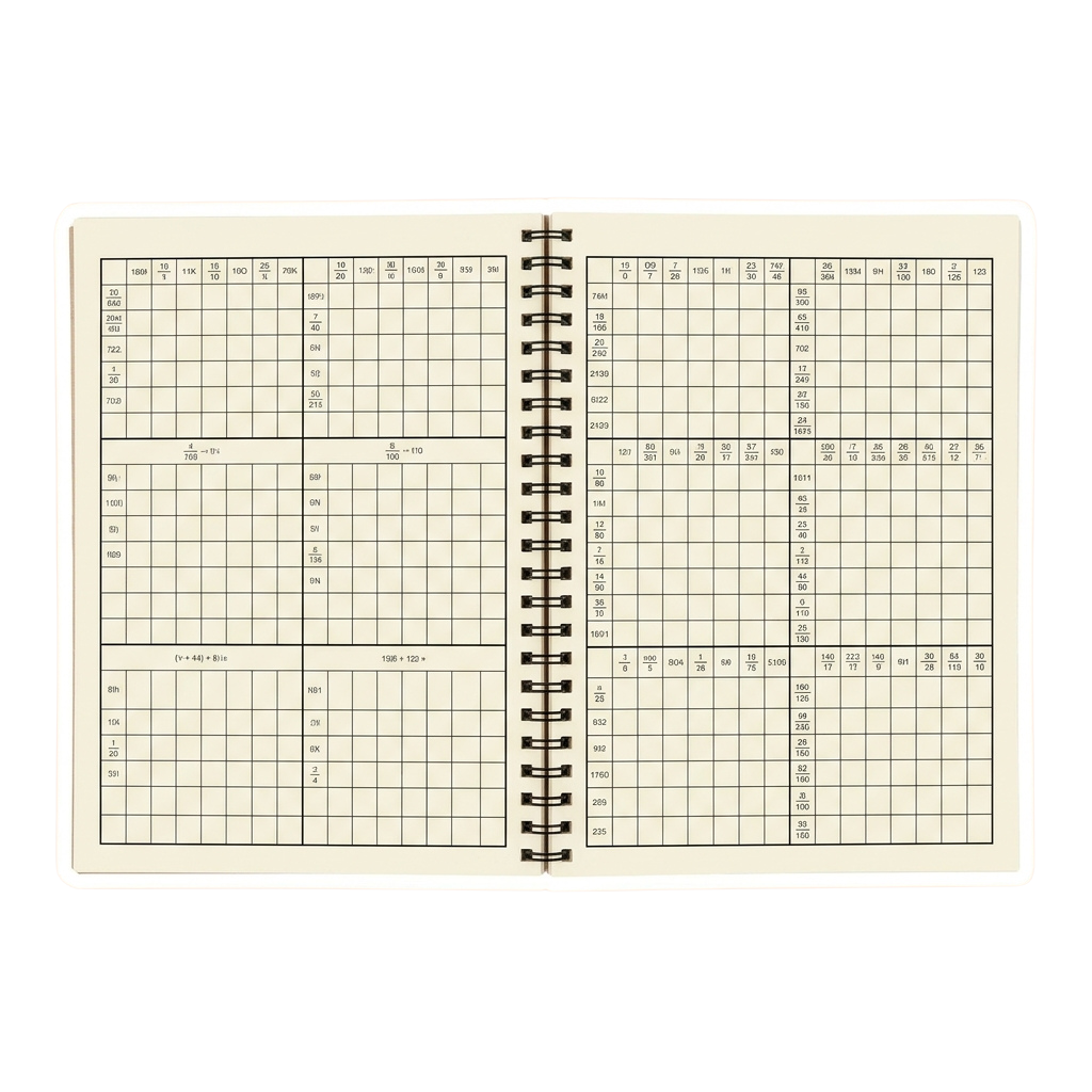 A spiral-bound notebook filled with graph paper featuring a grid layout and numbered margins on both sides.