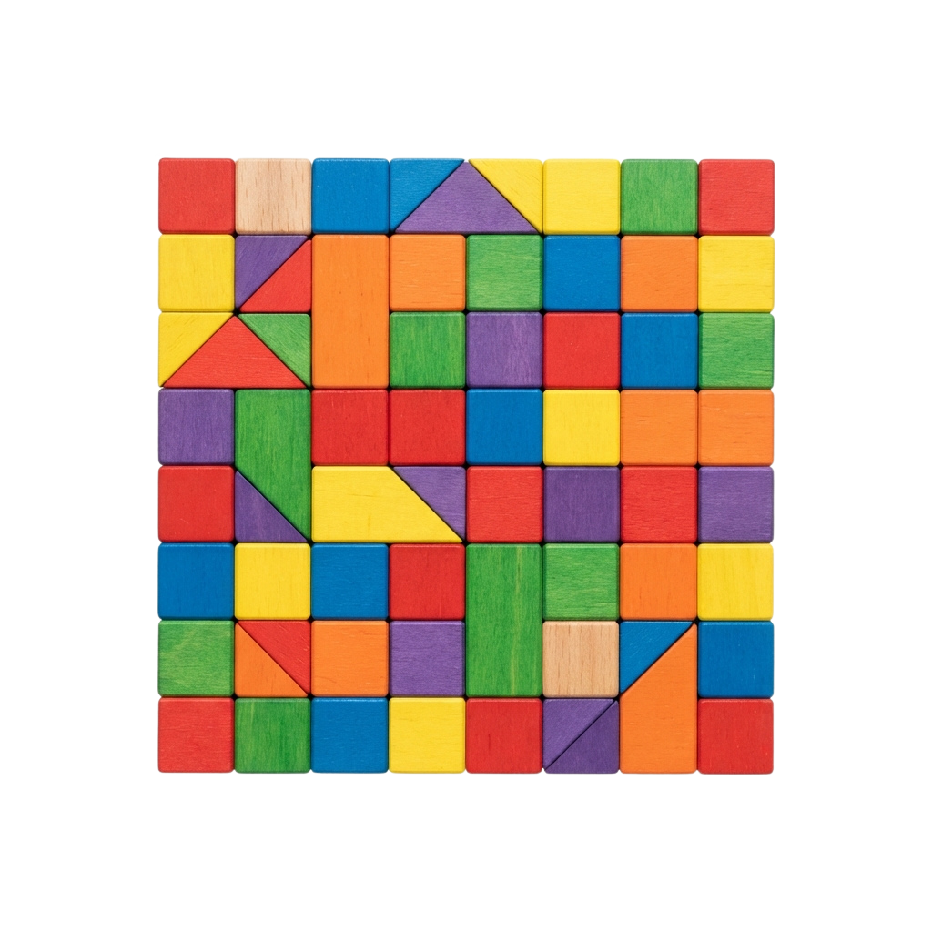 A colorful geometric puzzle made of wooden blocks in red, blue, yellow, green, orange, and purple arranged in a square pattern