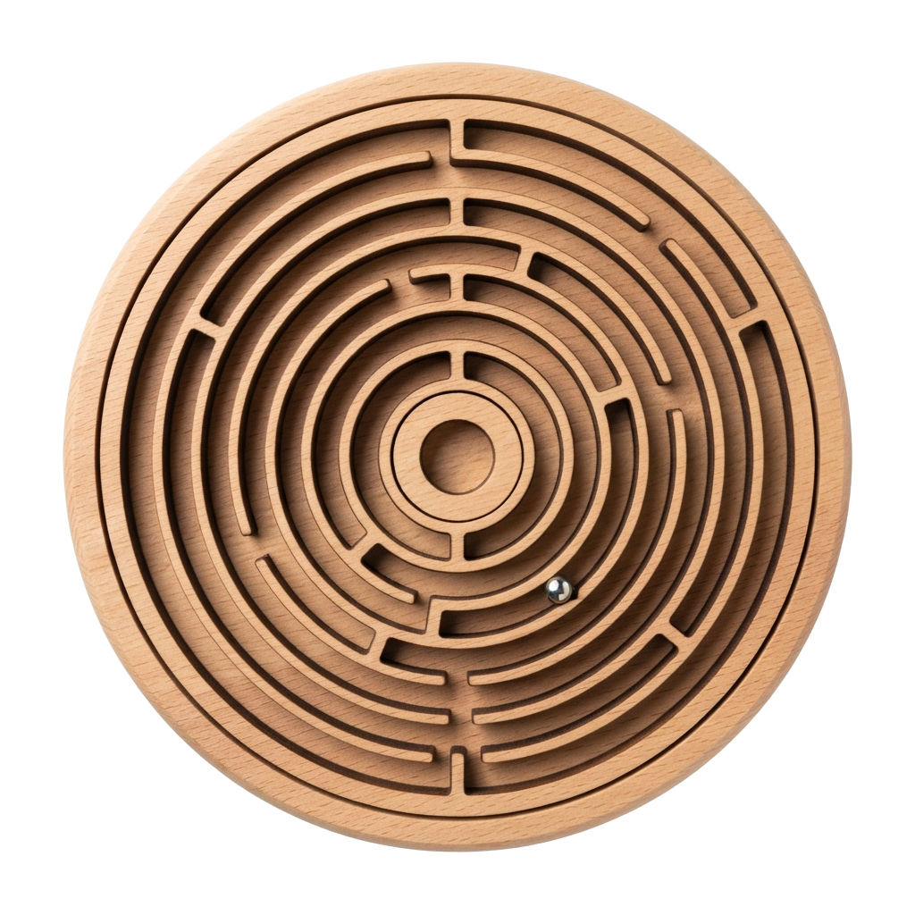 A circular wooden 3D maze with a small metal ball bearing in the center