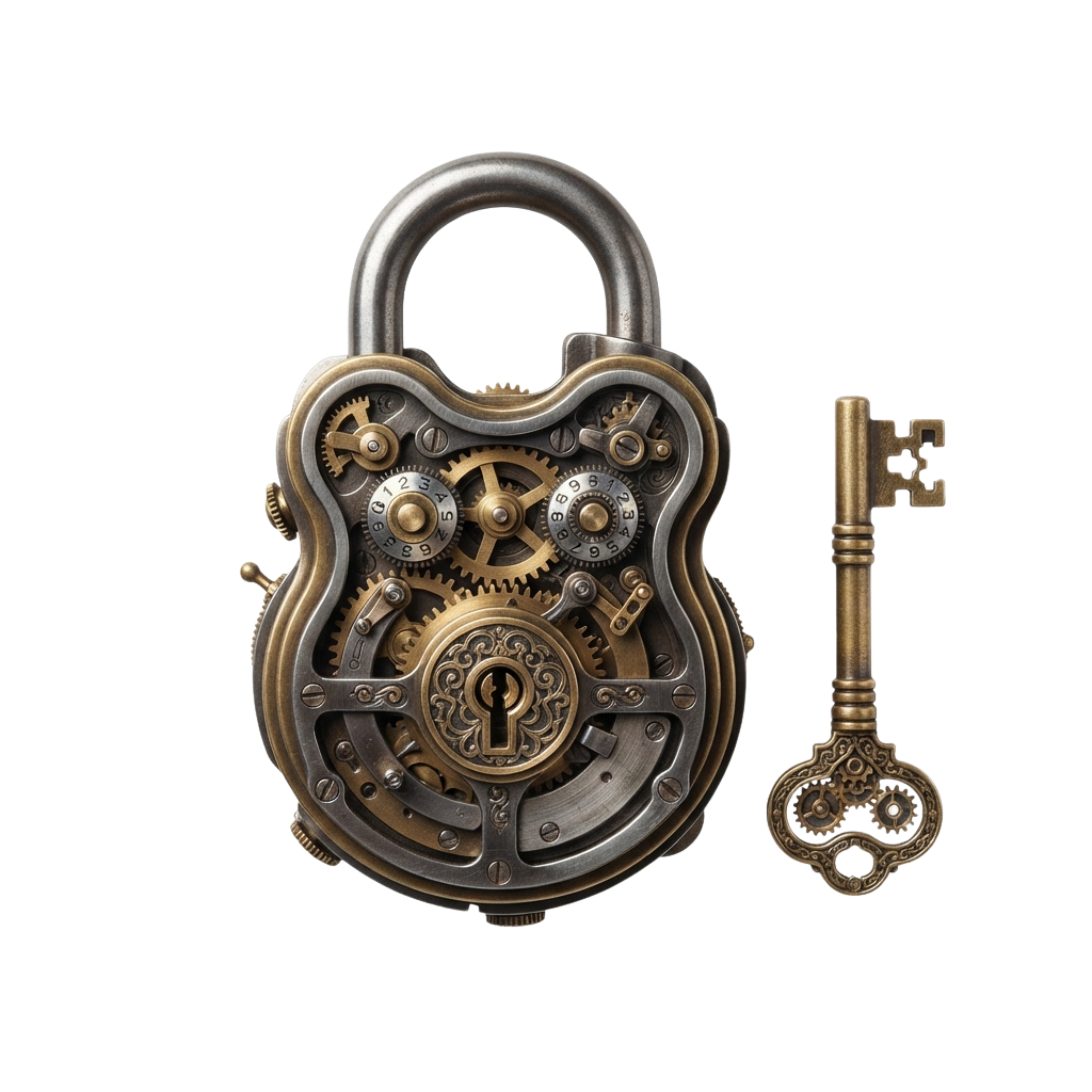 A detailed steampunk-style brass and metal lock with a matching ornate key beside it