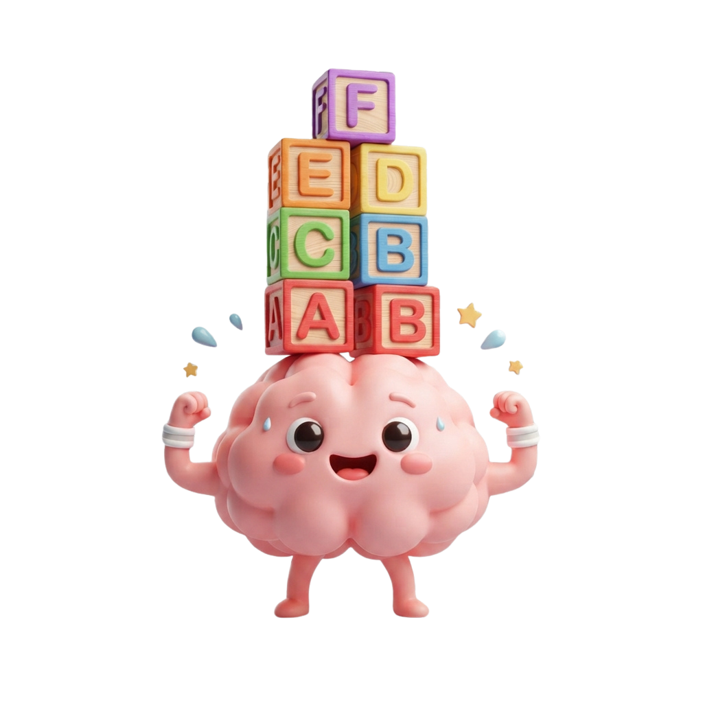 A smiling brain character lifting a stack of colorful alphabet blocks labeled A to F