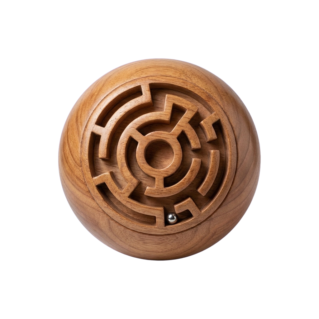 A wooden ball featuring an intricate carved maze pattern with a small metal ball at the center.