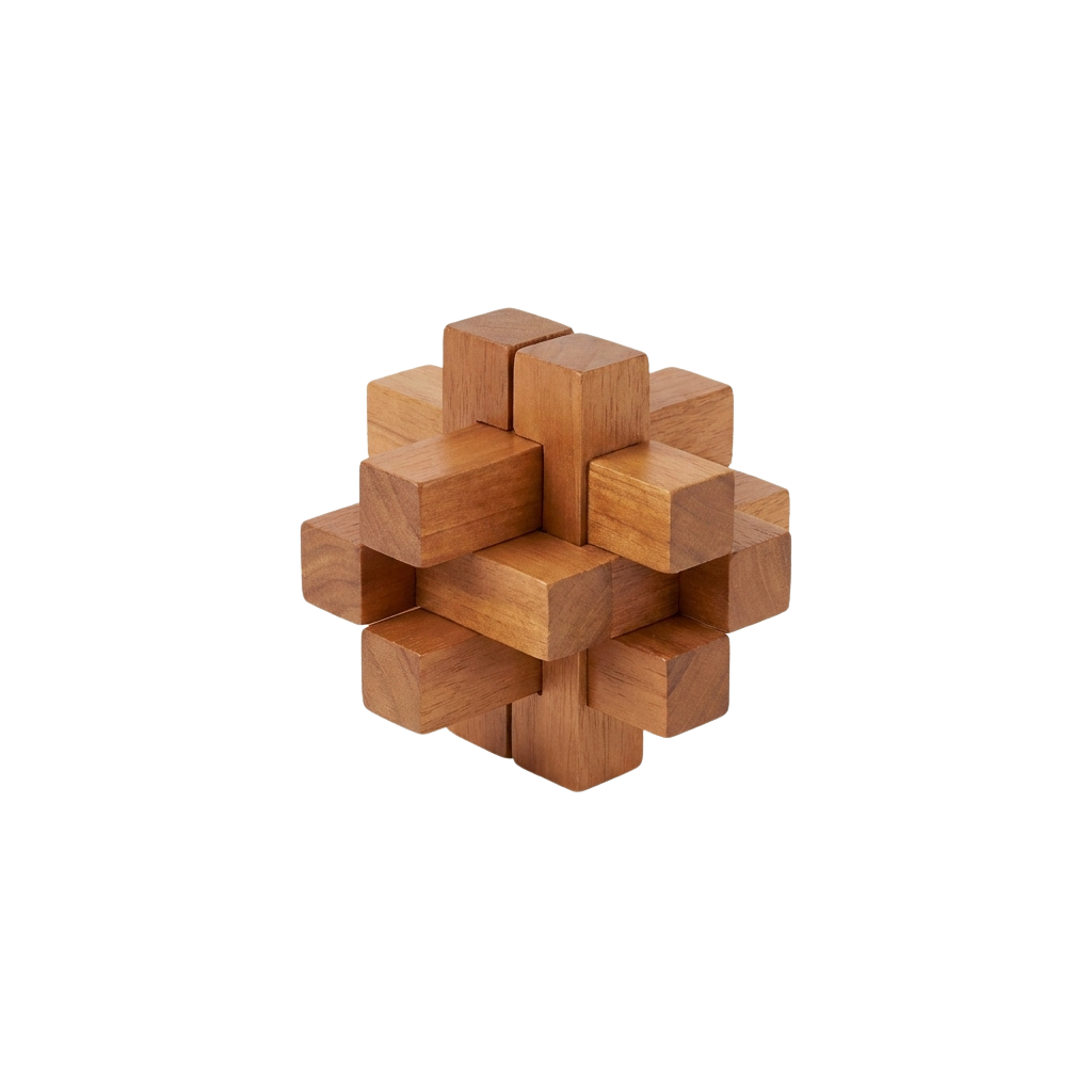 A 3D wooden puzzle cube made of interlocking rectangular blocks forming a star-like shape