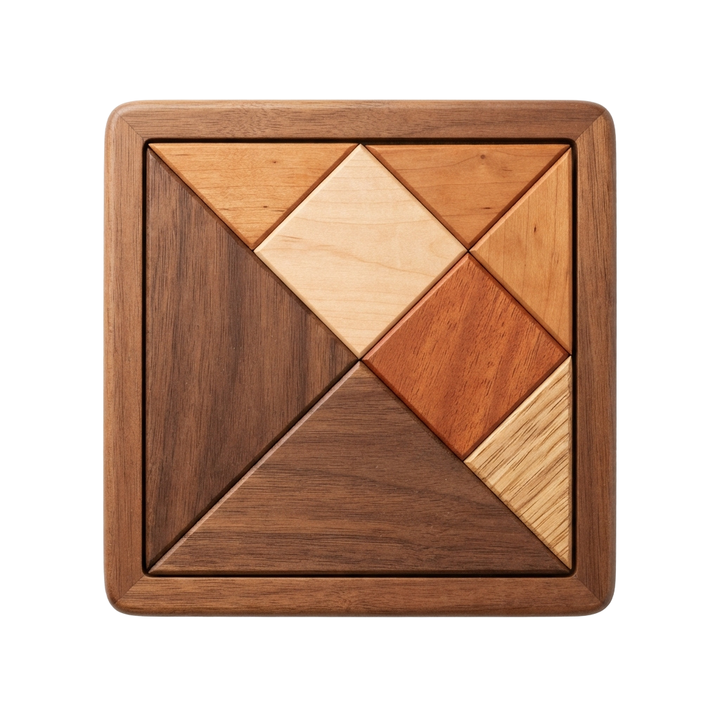 Square wooden coaster or table mat with geometric inlaid wood design featuring triangles and rectangles in varying wood tones