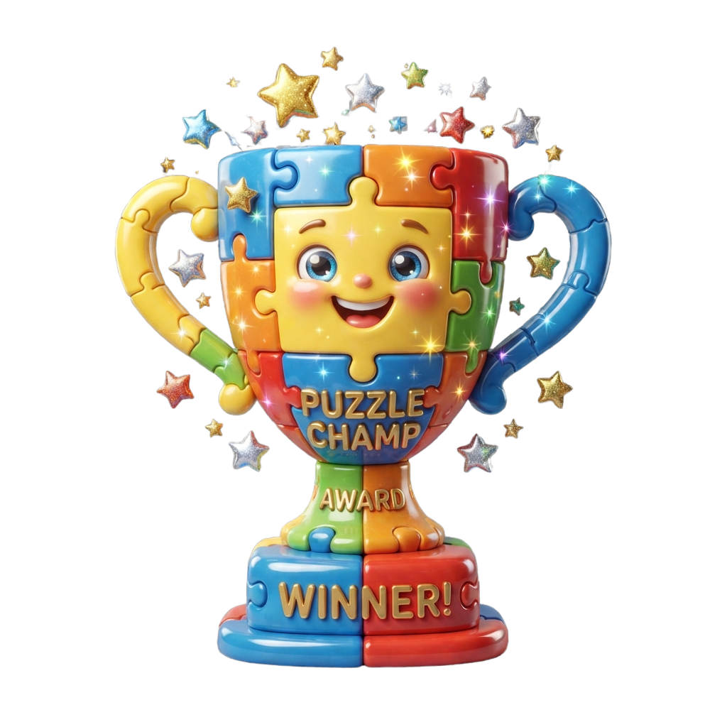 A cheerful puzzle trophy with a smiling face and colorful jigsaw pieces, labeled Puzzle Champ Award Winner