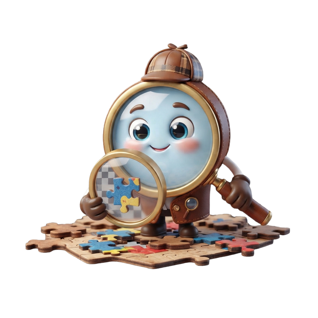 A cheerful clock-shaped character with a magnifying glass inspecting a colorful jigsaw puzzle piece.