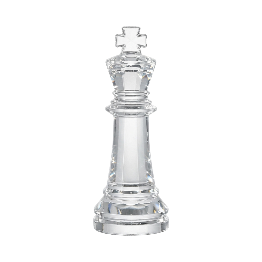 A clear glass chess king piece standing upright against a black background