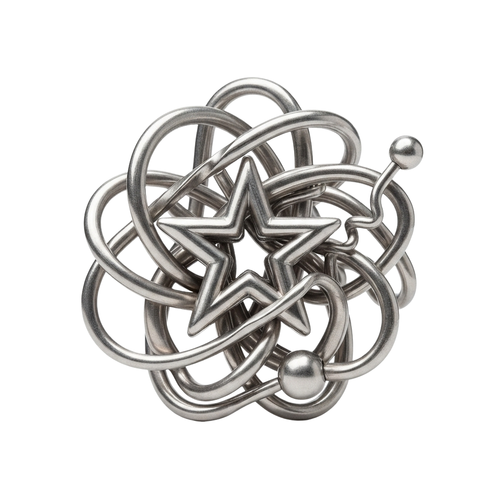 A complex metallic knot sculpture with smooth loops and spherical ends against a black background