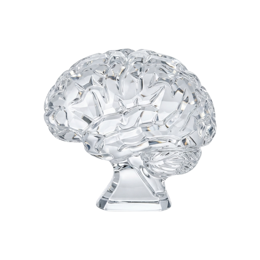 A transparent crystal sculpture of a human brain on a clear base