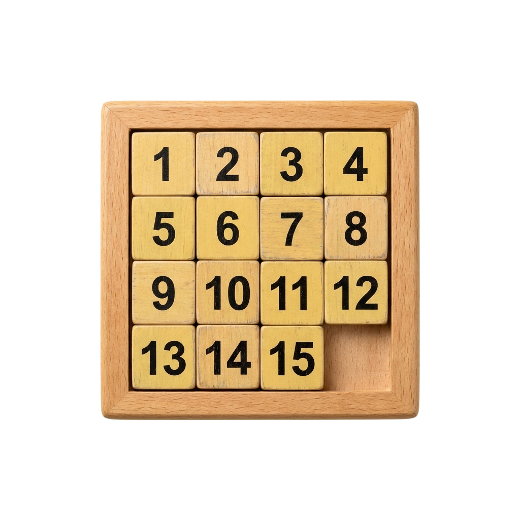 A wooden frame holding fifteen numbered wooden blocks from one to fifteen arranged in rows.