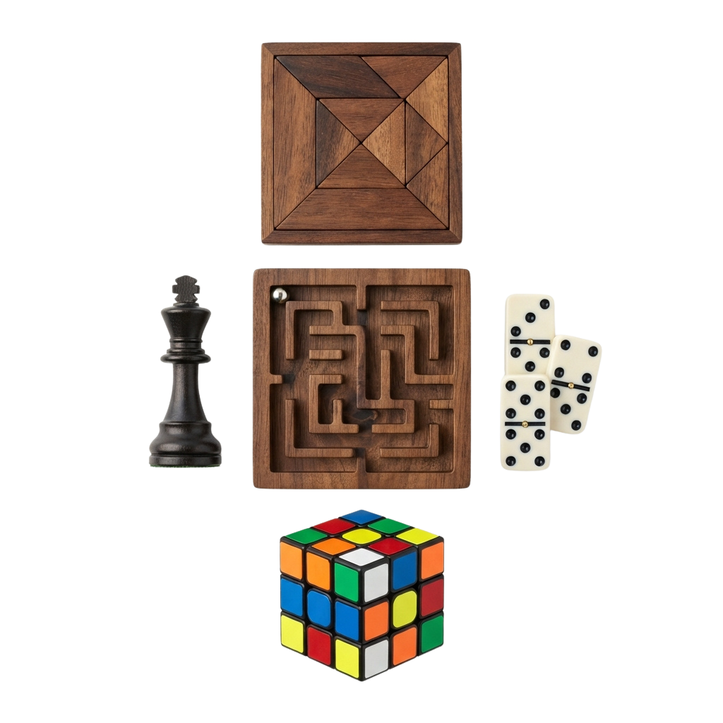 A chess knight piece, wooden geometric puzzle, maze, dominoes, and a Rubik's Cube arranged on a black background