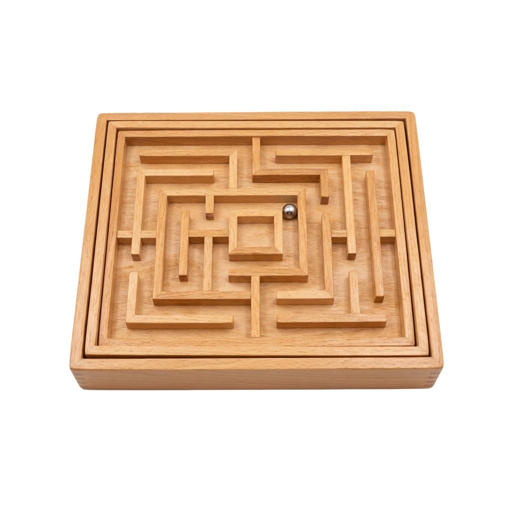 A light-colored wooden maze puzzle with a metal ball on the surface