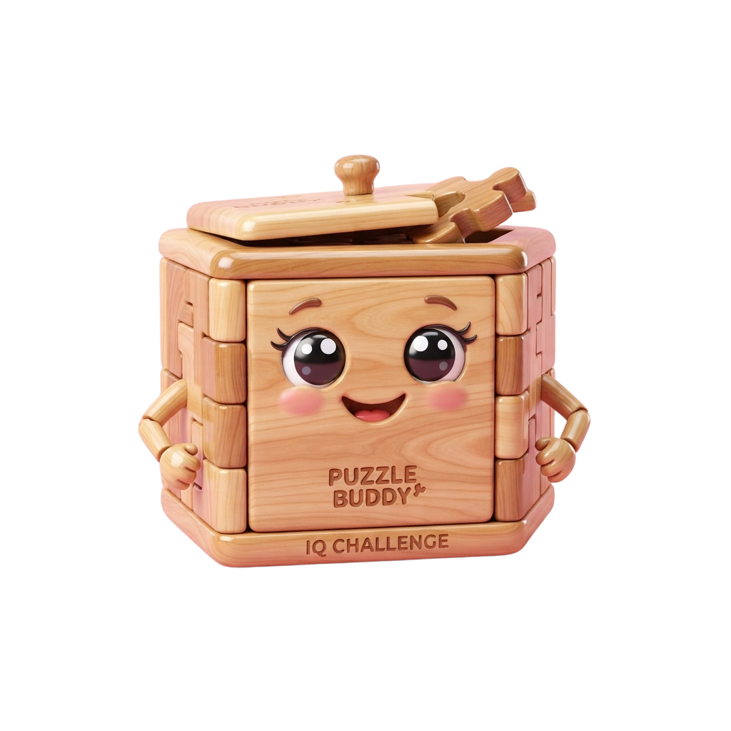 Wooden puzzle toy shaped like a smiling cube with arms and a lid, labeled IQ Challenge.