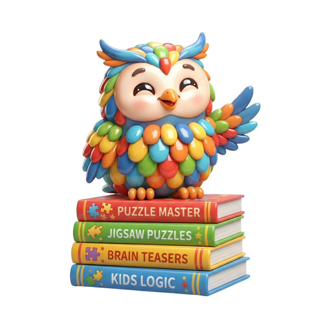 A cheerful cartoon owl figurine made of colorful candy pieces sitting atop a stack of puzzle-themed books.