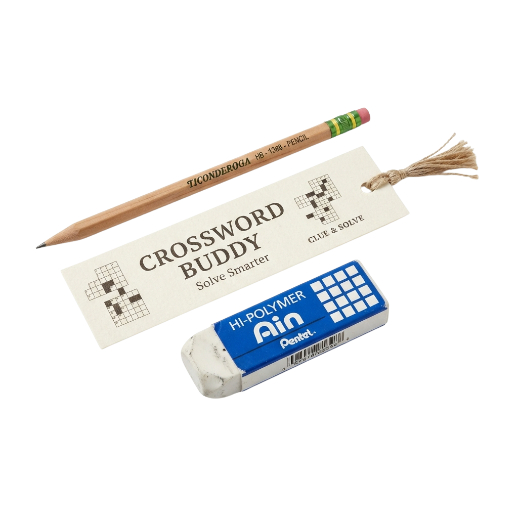 A wooden pencil, a crossword buddy bookmark, and an eraser arranged together for solving crosswords