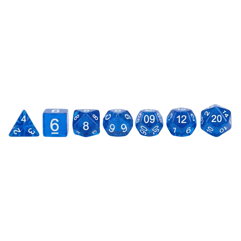 Seven blue polyhedral dice showing values 4, 6, 8, 9, 12, and 20 arranged in a row