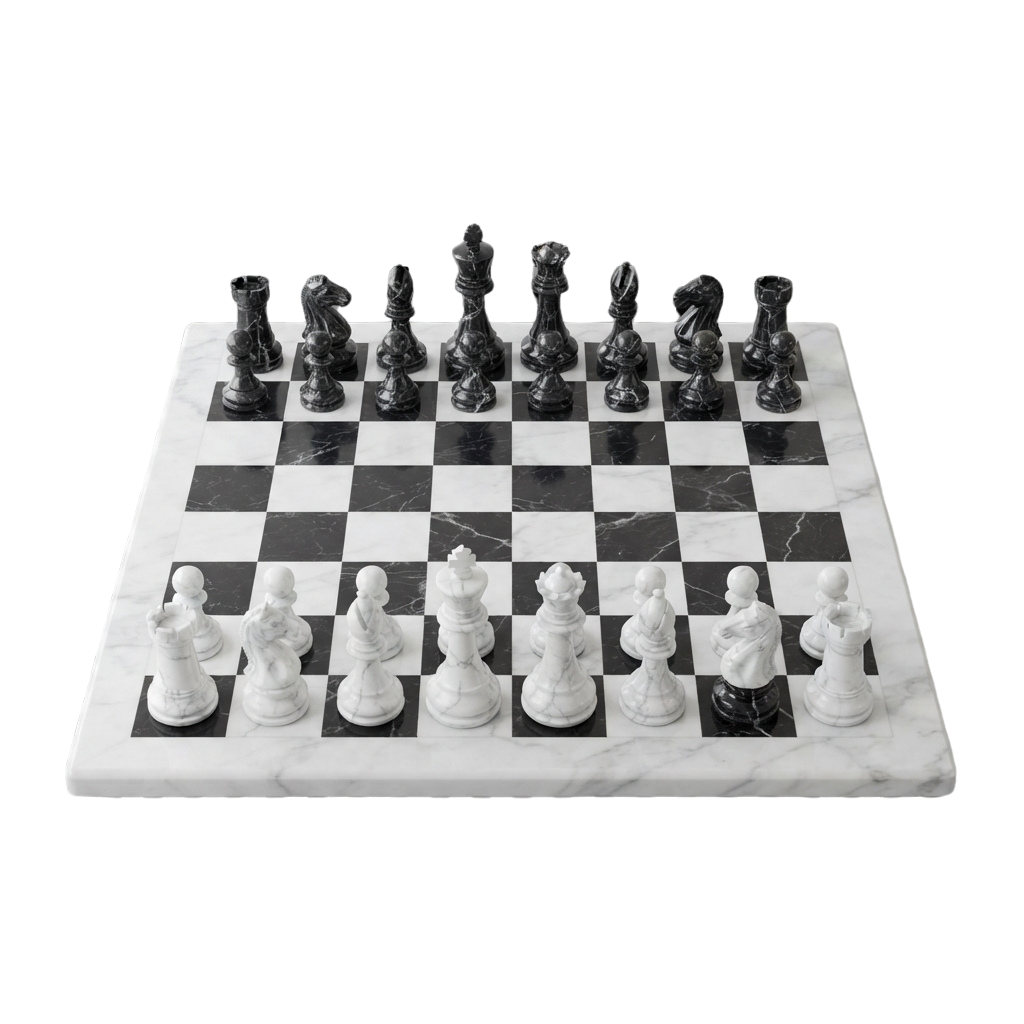 A marble chess set with black and white pieces arranged on a black and white checkered board