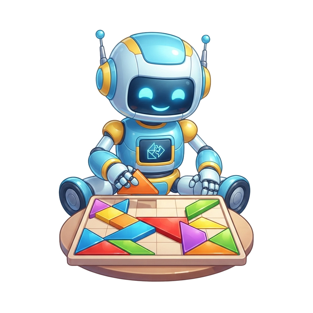 A cheerful robot sitting on a chair solving a colorful tangram puzzle on a table.