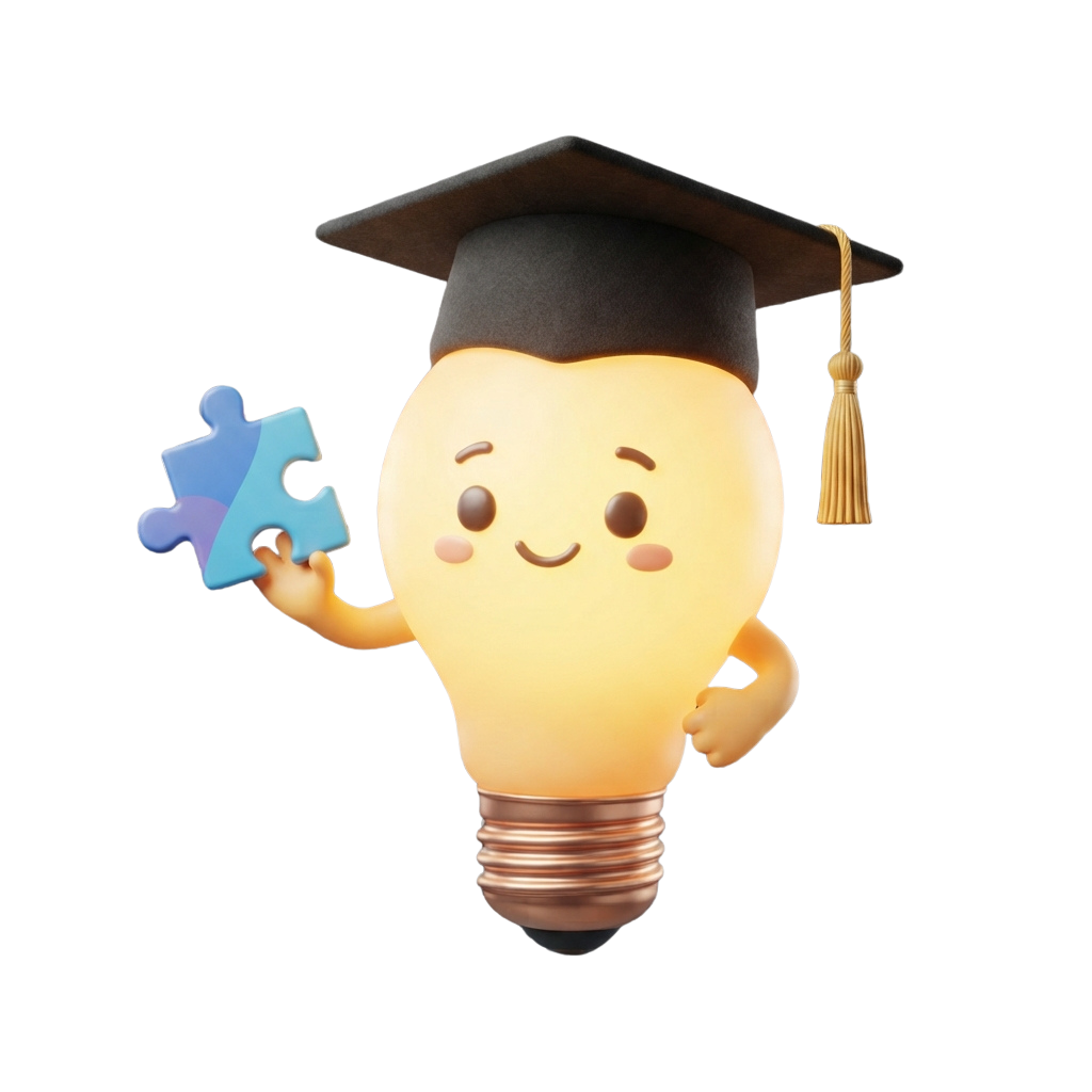 Animated lightbulb character wearing a graduation cap and holding a blue puzzle piece