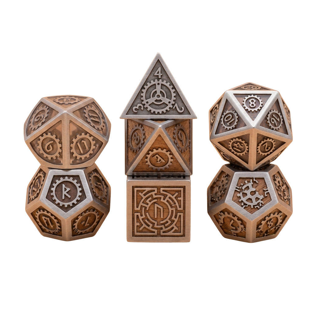 Three intricately carved wooden dice and pyramid with steampunk gear designs in brown and cream colors.