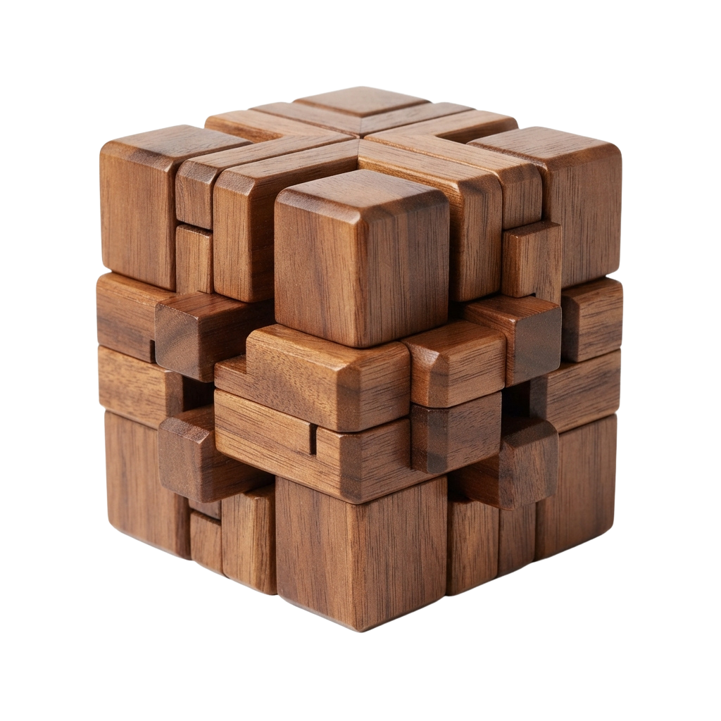 A detailed wooden puzzle cube made of interlocking blocks forming a larger cube shape