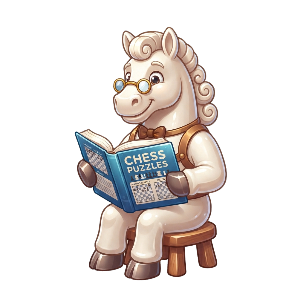A smiling cartoon unicorn with glasses reading a chess puzzles book while sitting on a stool