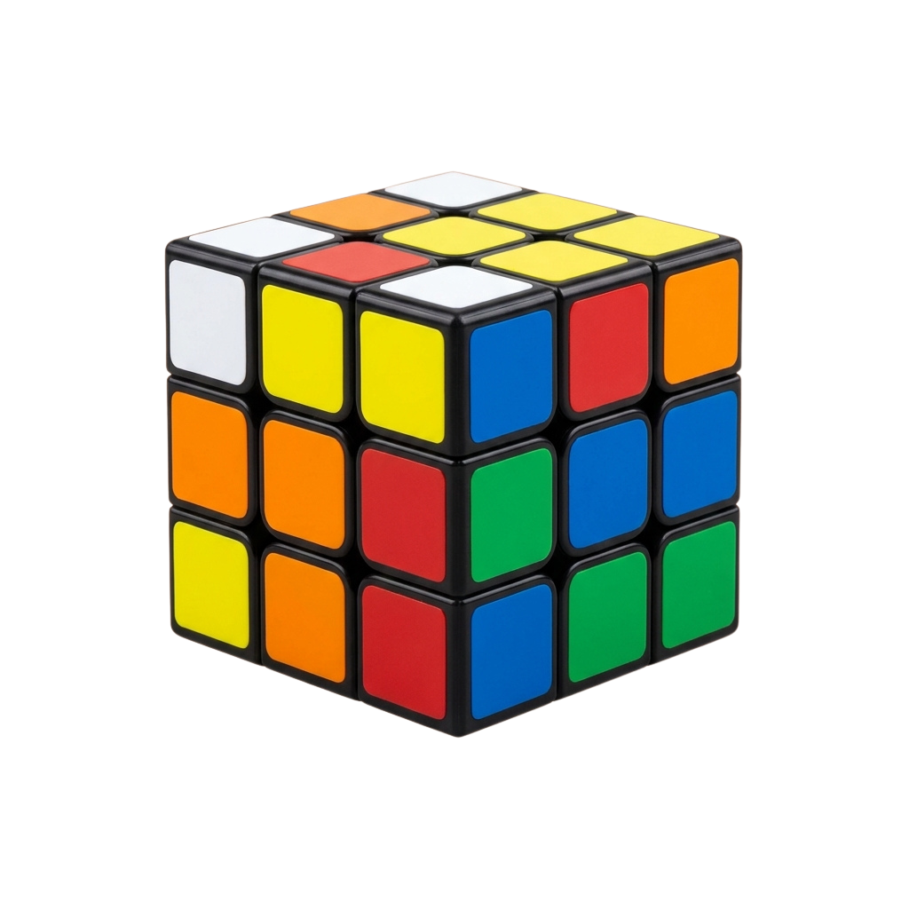 A solved Rubik's Cube with six distinct colors on each face