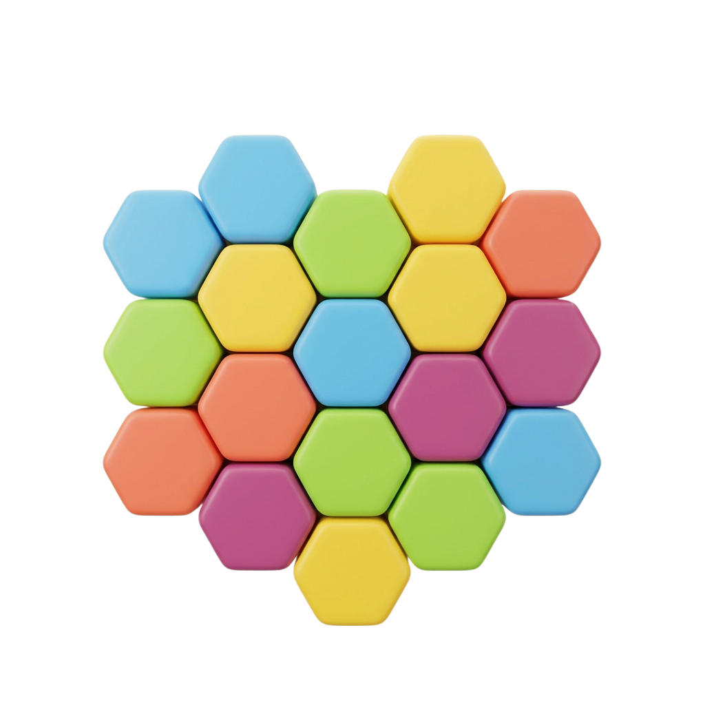 A cluster of interlocking hexagons in six bright colors arranged in a flower-like shape