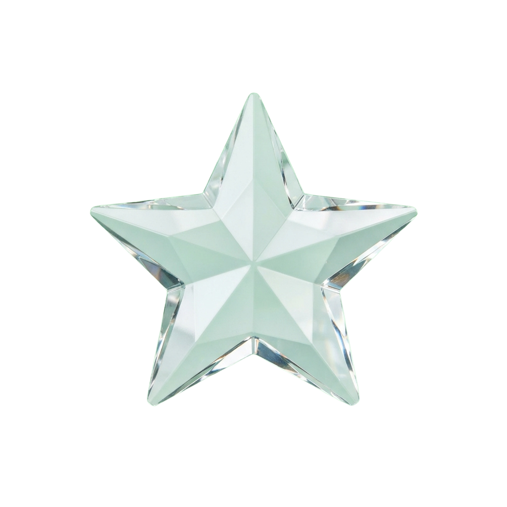 A transparent, faceted star-shaped crystal against a black background