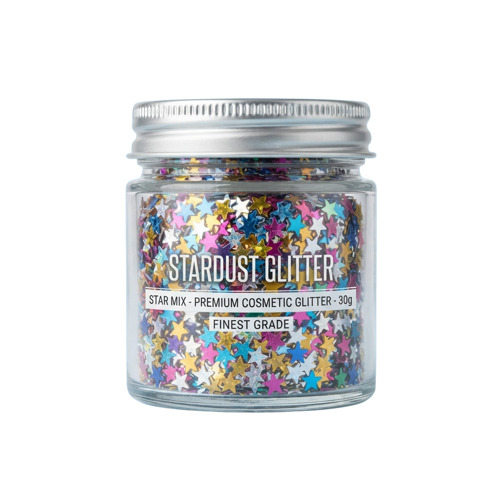 A jar of colorful star-shaped cosmetic glitter labeled Stardust Glitter, 30 grams, finest grade