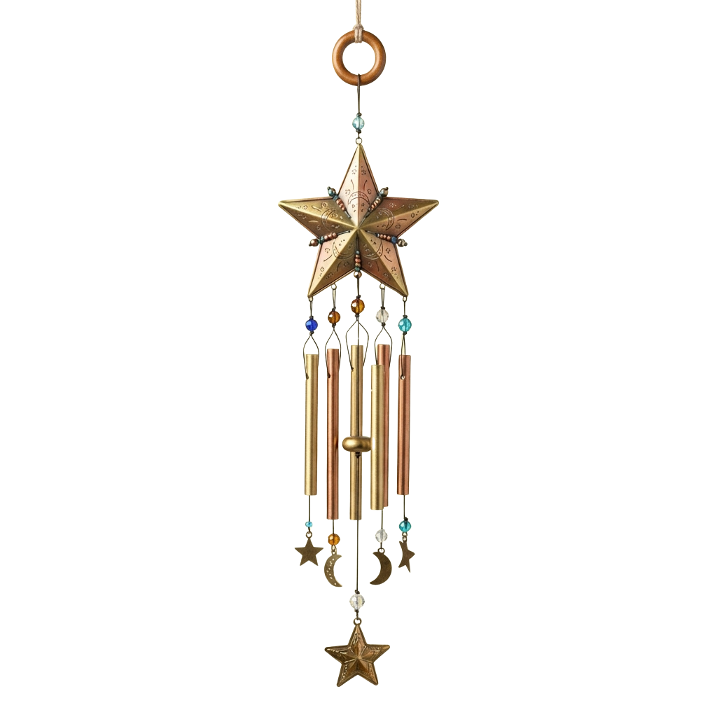 A copper-toned wind chime featuring a star at the top, small stars, crescent moons, and beads hanging from tubular chimes.