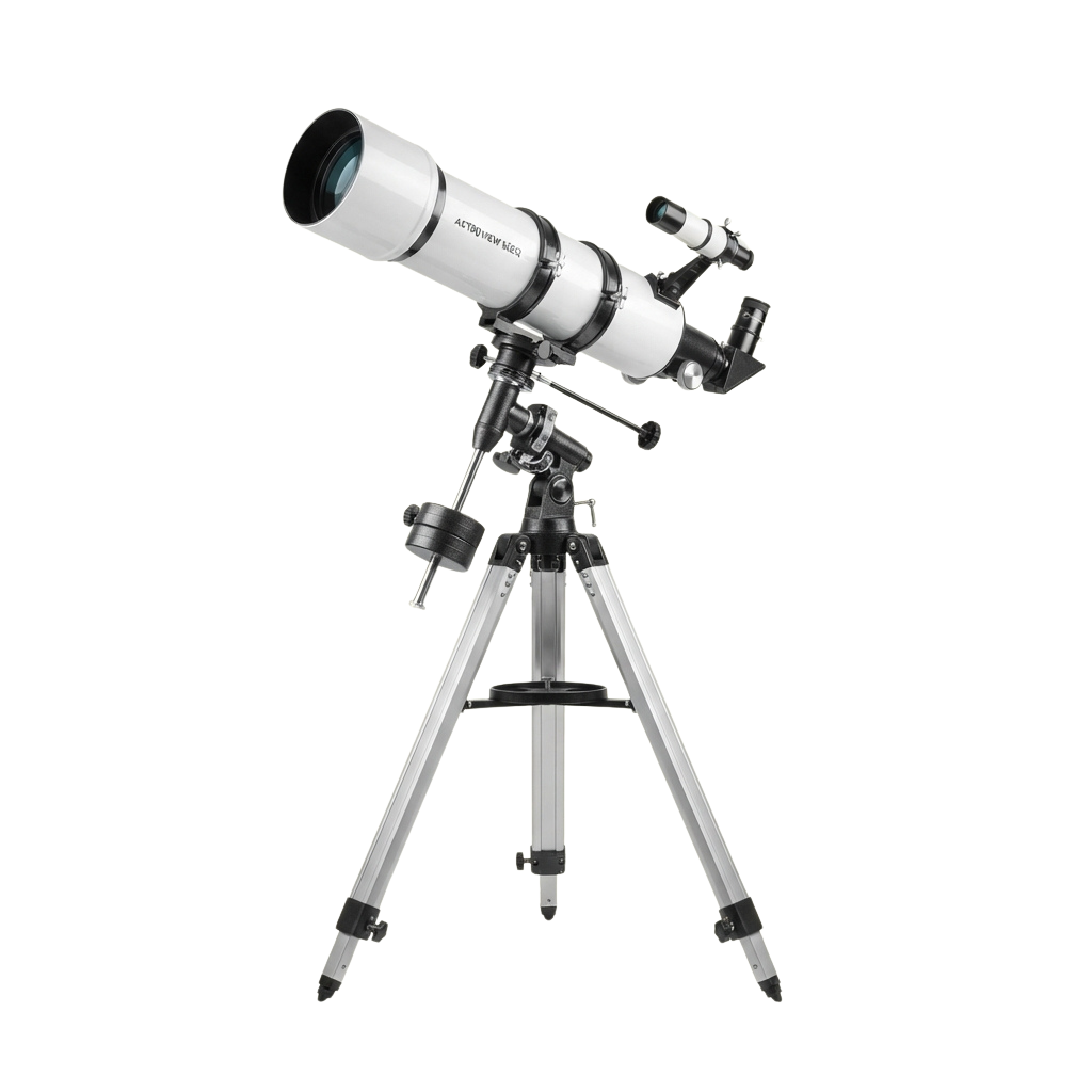 A white refractor telescope mounted on a sturdy metal tripod against a black background