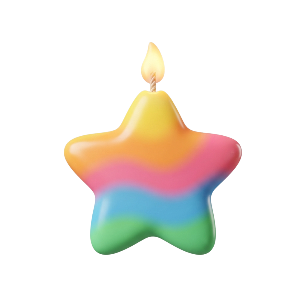 A lit star-shaped candle with rainbow gradient colors and a yellow flame on top