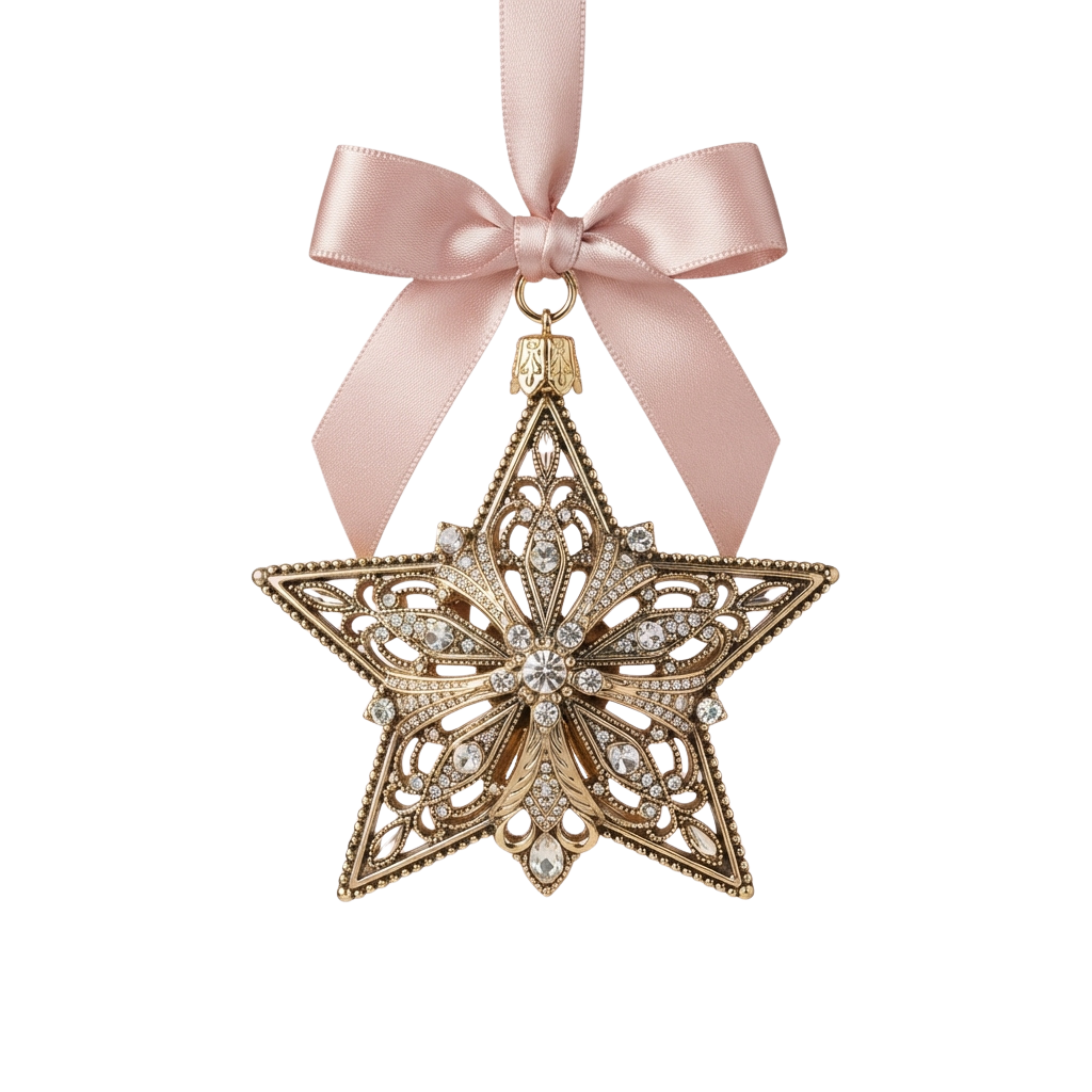 Decorative gold star ornament with intricate filigree and clear gemstones, attached to a pink satin ribbon bow