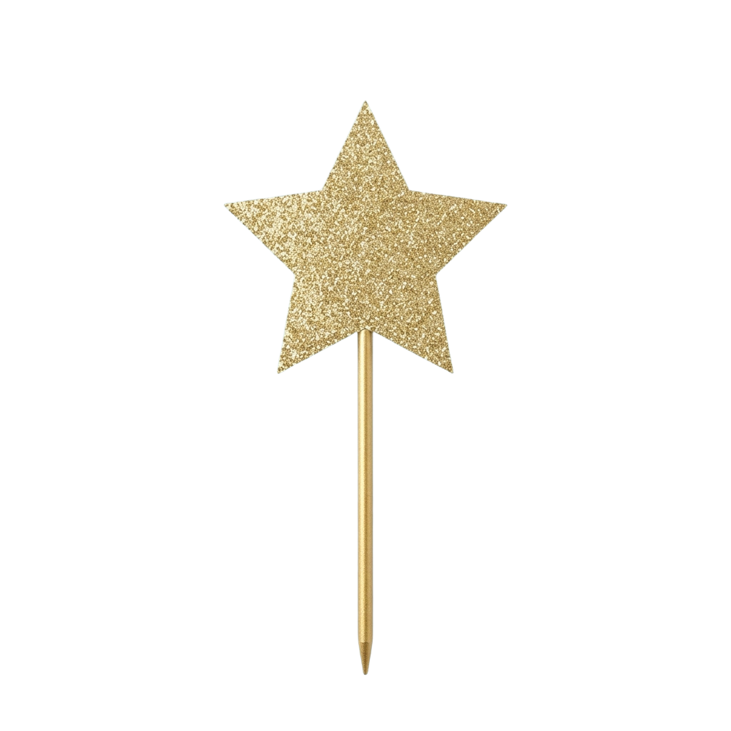 A gold glitter star shape attached to a wooden stick against a black background