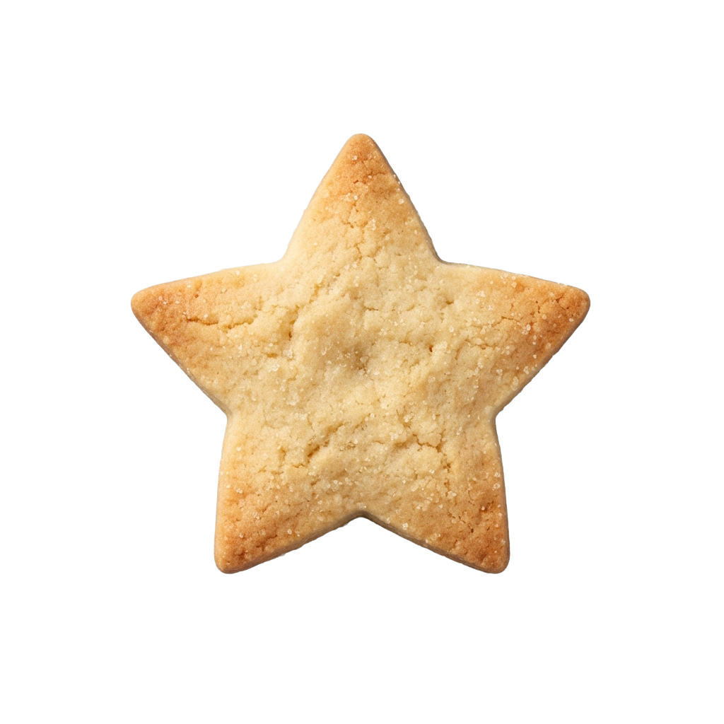 A golden-brown star-shaped cookie with a textured surface on a black background