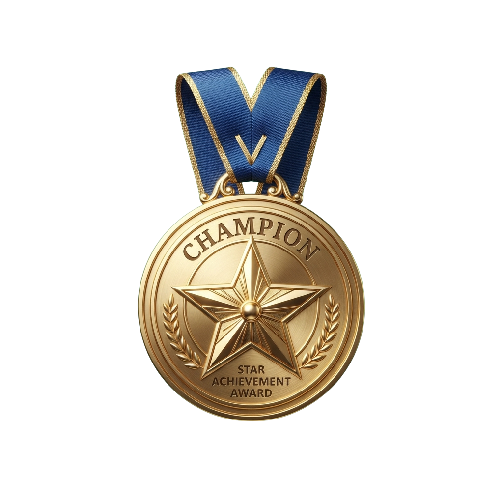 Gold medal with star emblem and blue ribbon labeled Champion Star Achievement Award