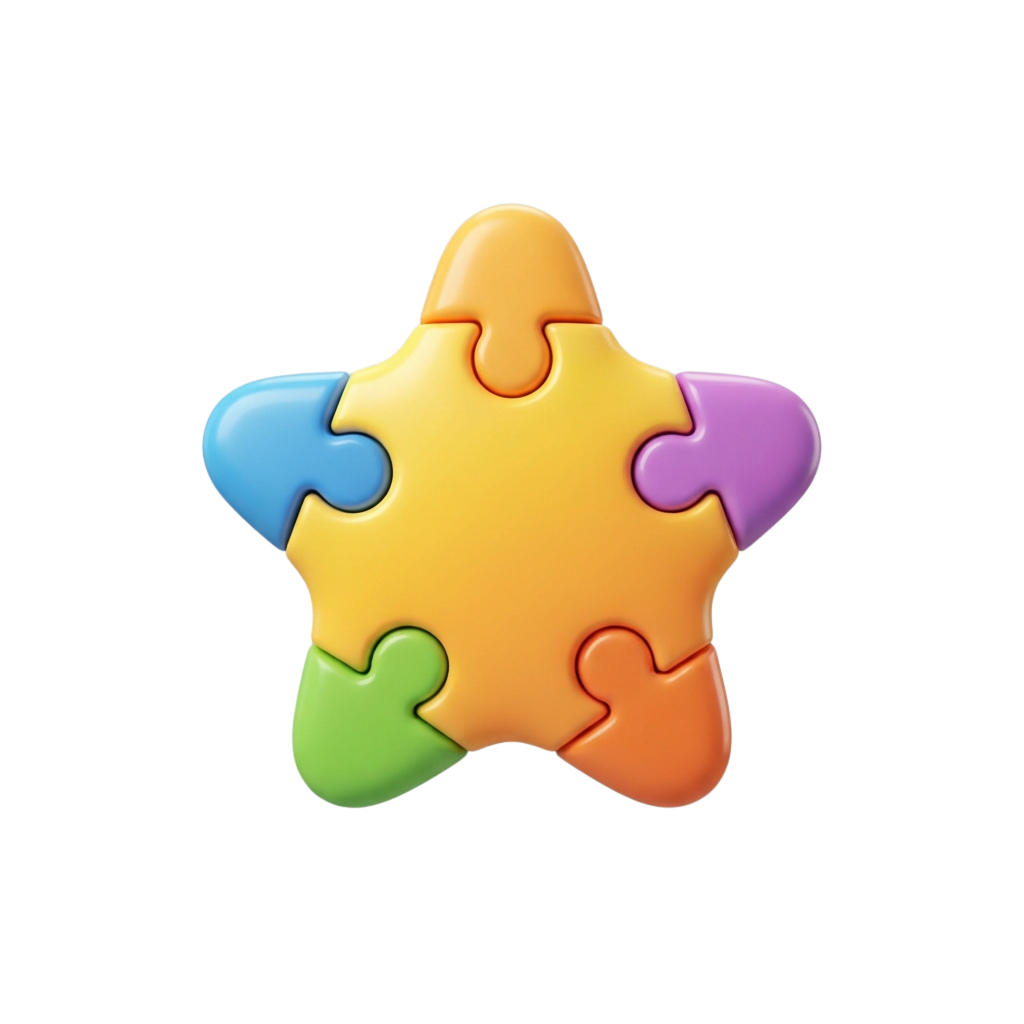 A star-shaped puzzle with five interlocking pieces in blue, green, purple, orange, and yellow colors