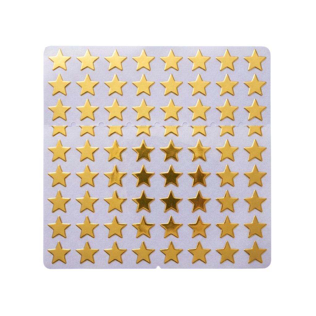 Sheet of gold star stickers arranged in a grid pattern on a white background