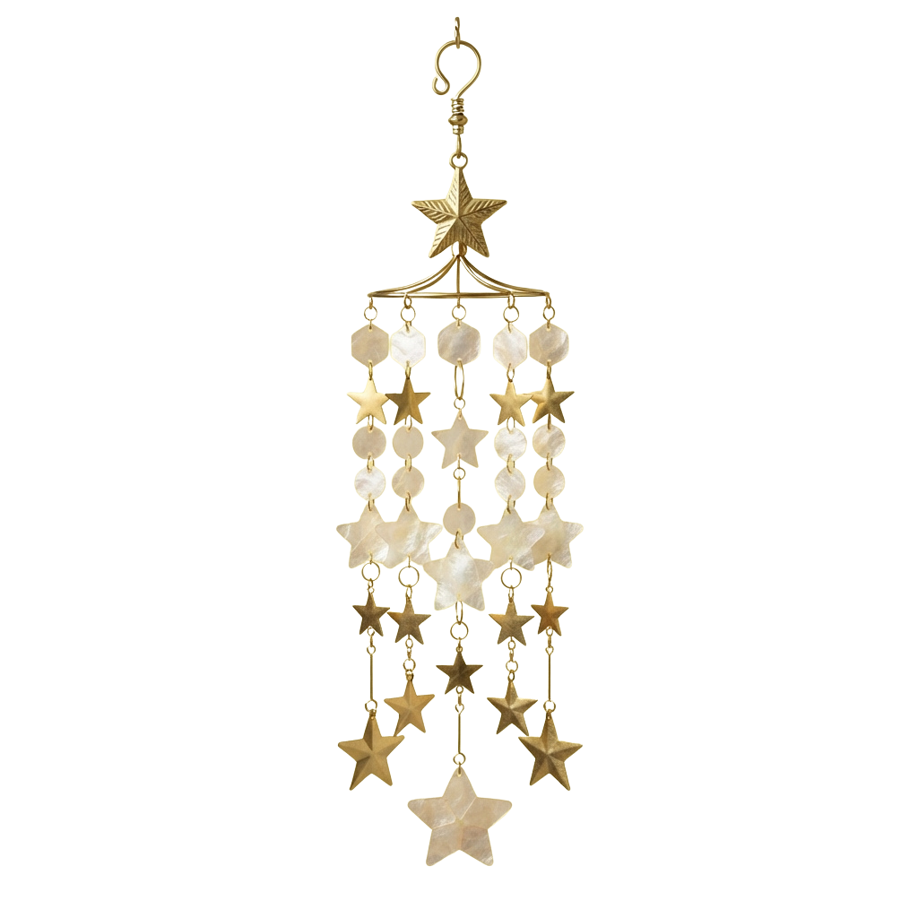 Decorative wall hanging with gold stars and cream-colored shell beads on chains