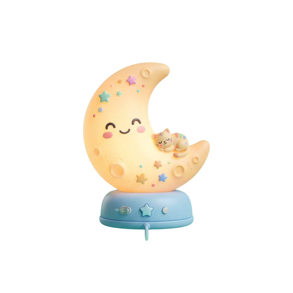 A glowing crescent moon night light with a smiling face and a small sleeping cat figure inside.
